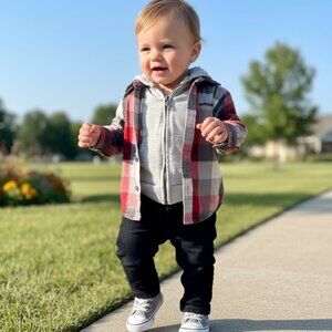 Calvin Klein 12M Layered-Look Plaid Button Down Hooded Shirt